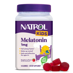 Natrol frasco frontal mostrando 140 gomitas, ayuda a la administración diaria