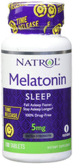 Natrol envase frontal de Melatonin Time Release, presentación 90 tabletas y origen EE. UU.