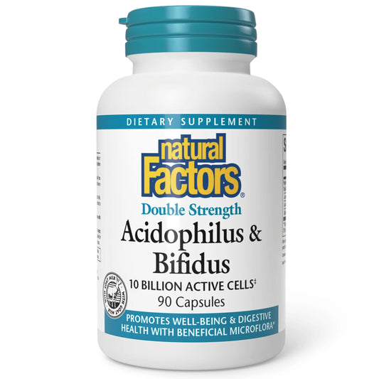 Natural Factors Acidophilus & Bifidus en cápsulas para apoyo digestivo diario.