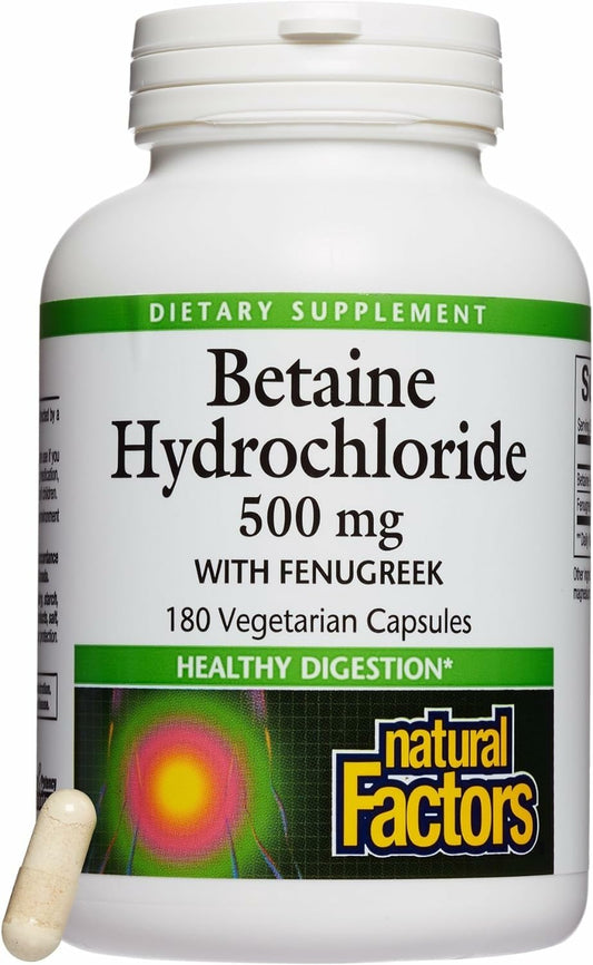 Natural Factors Betaine HCL 500 mg bottle front supports digestion during meals