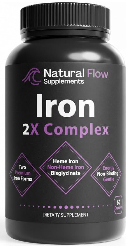 Natural Flow frente del empaque mostrando 2X Iron Complex y beneficio de doble hierro