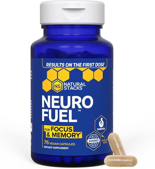 NATURAL STACKS NeuroFuel vista frontal del frasco con diseño claro y legible