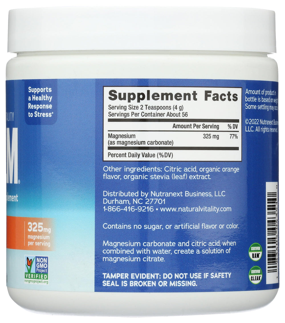 Natural Vitality CALM etiqueta con lista de ingredientes y certificaciones, transparencia y confianza