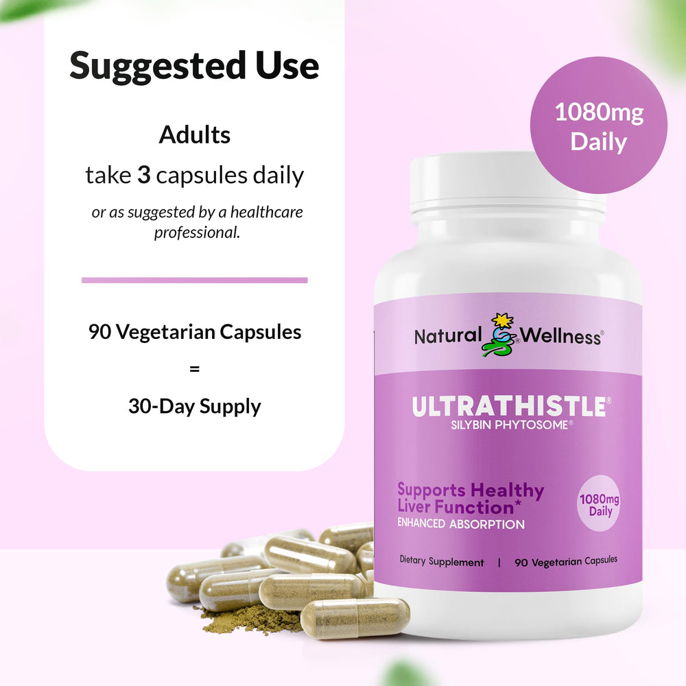 Natural Wellness UltraThistle con semillas y plantas mostrando origen botánico