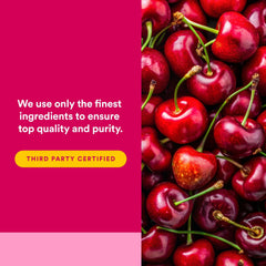 Natural Factors CherryRich etiqueta con sellos de certificación y análisis