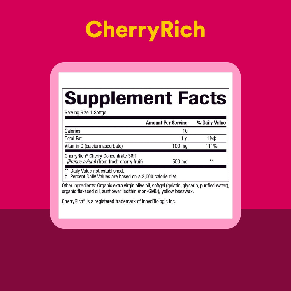 Natural Factors CherryRich cerezas frescas que ilustran origen y antioxidantes