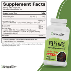 NaturalSlim Helpzymes cápsula en mano para comparar tamaño y dosificación