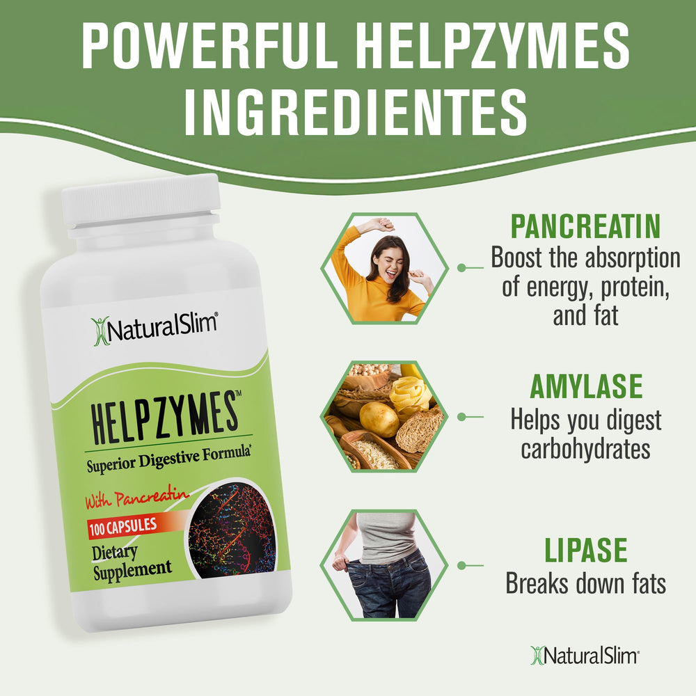 NaturalSlim Helpzymes ingredientes clave como bromelina y pancreatina visibles