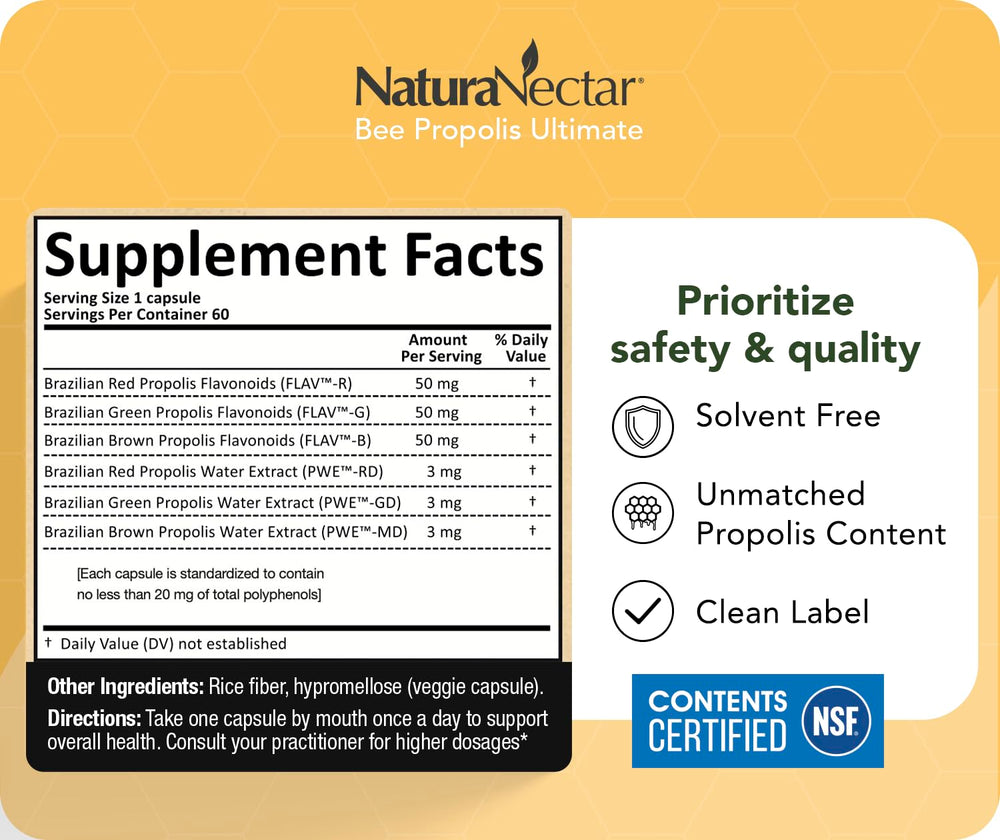 NaturaNectar NSF Certified seal signals trusted quality for propolis capsules.