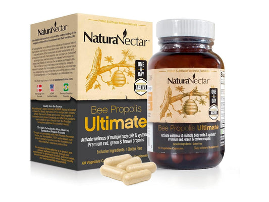 NaturaNectar Ultimate Bee Propolis bottle showcases gluten-free multi-propolis formula for daily use.