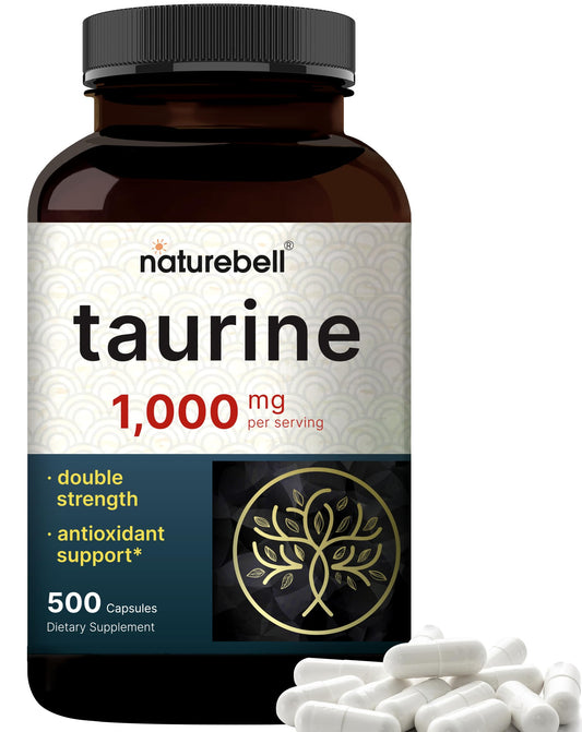 NatureBell Taurine bottle front with double-strength capsules for daily vitality.
