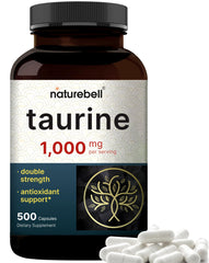 NatureBell Taurine bottle front with double-strength capsules for daily vitality.