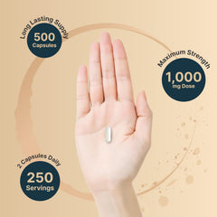 NatureBell Taurine bottle side view highlights long-lasting 500-capsule supply.