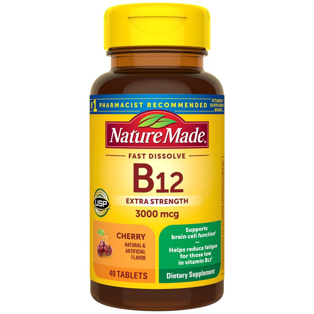 Nature Made frasco frontal mostrando B12 3000 mcg y beneficio conveniencia