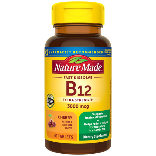 Nature Made frasco frontal mostrando B12 3000 mcg y beneficio conveniencia