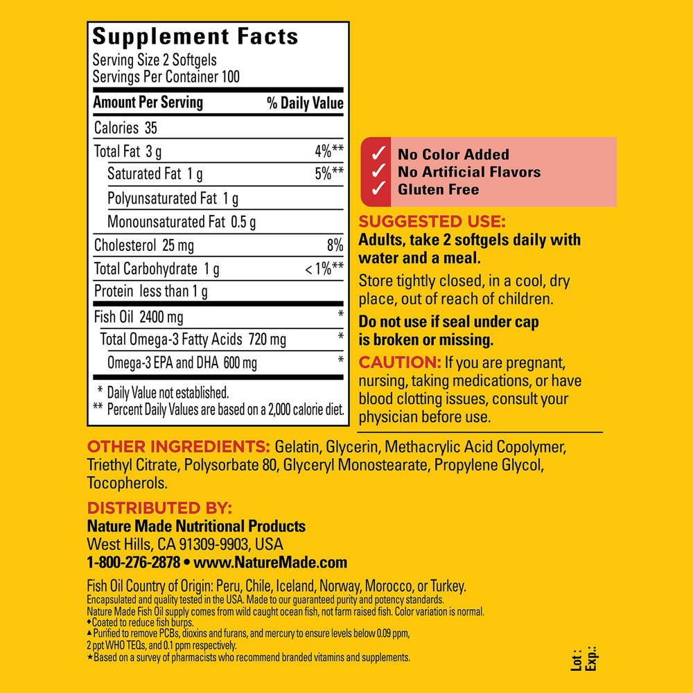 Nature Made cápsula en primer plano, textura y forma para fácil ingestión
