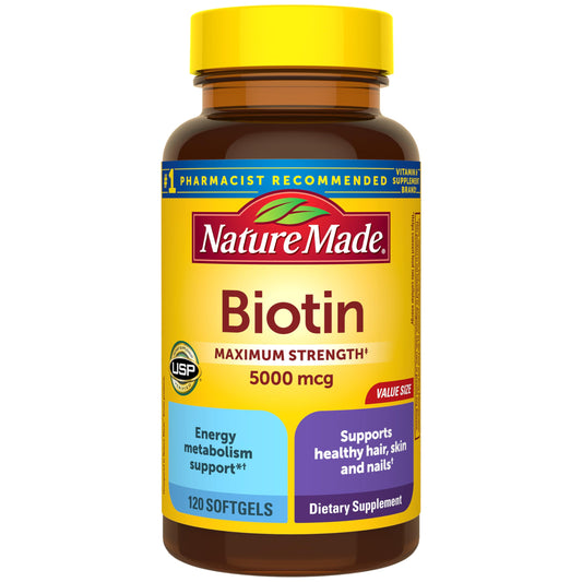 Nature Made frente del envase mostrando 120 softgels y confianza