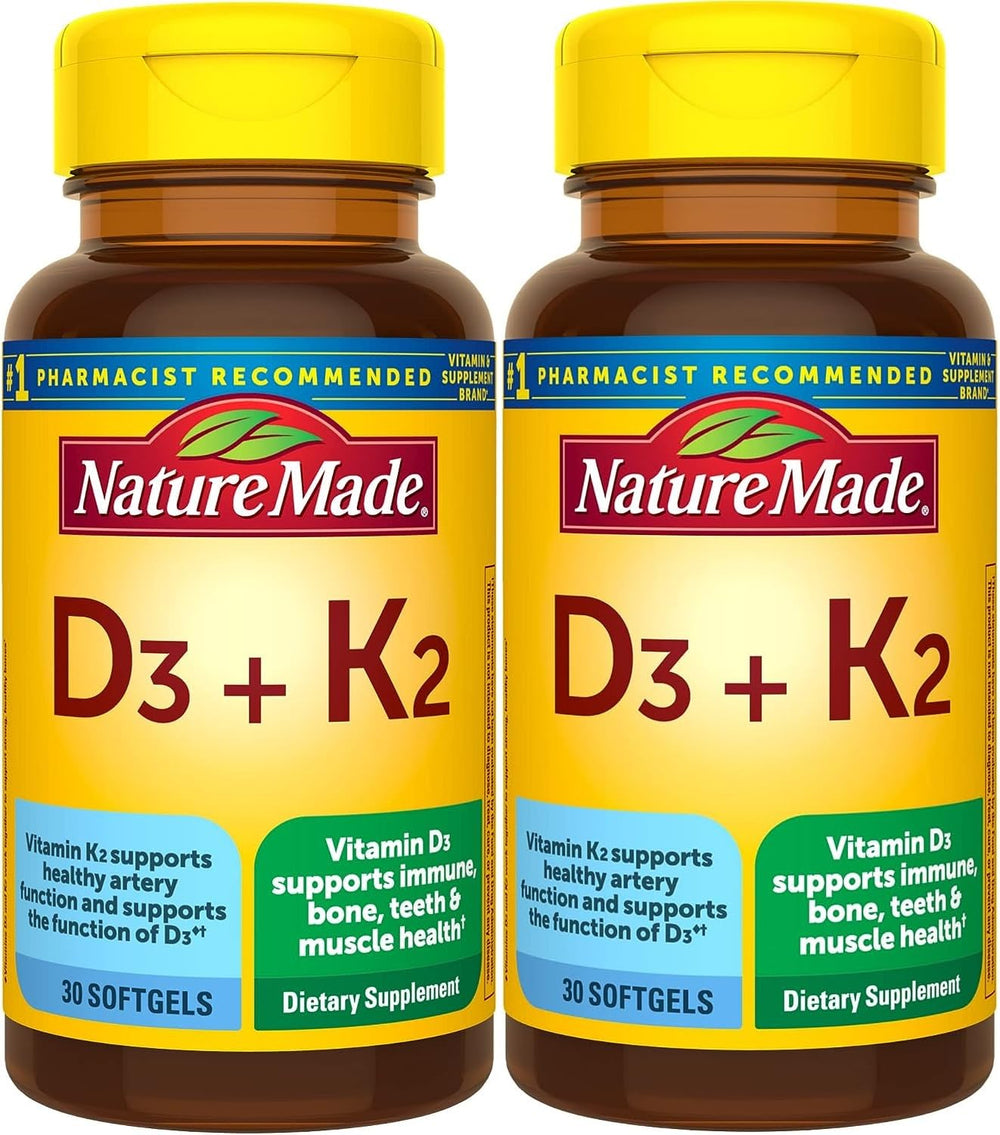 Nature Made envase frontal D3 K2 mostrando beneficios y cantidad