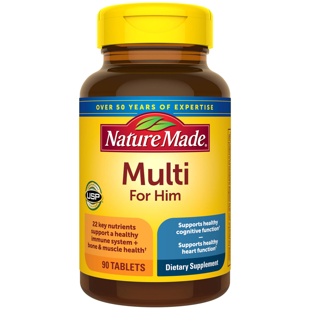 Nature Made vista frontal del envase mostrando 90 tabletas y beneficios