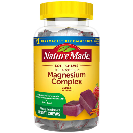 Nature Made Magnesium Complex bottle on the counter showing strawberry flavor and convenient support
