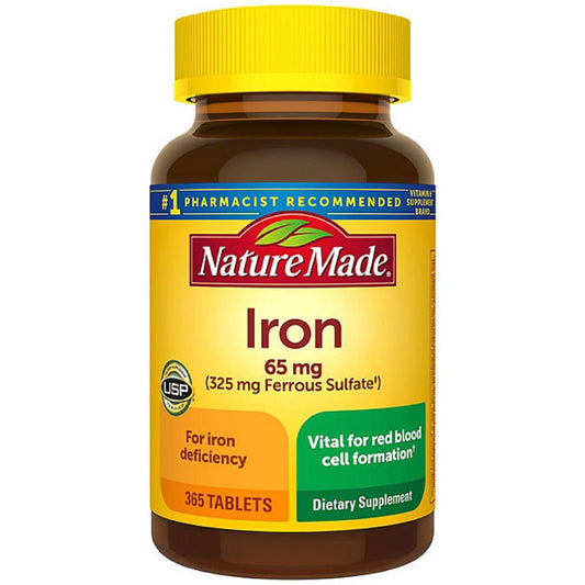 Nature Made Iron 65 mg bottle display for daily iron support with meals.