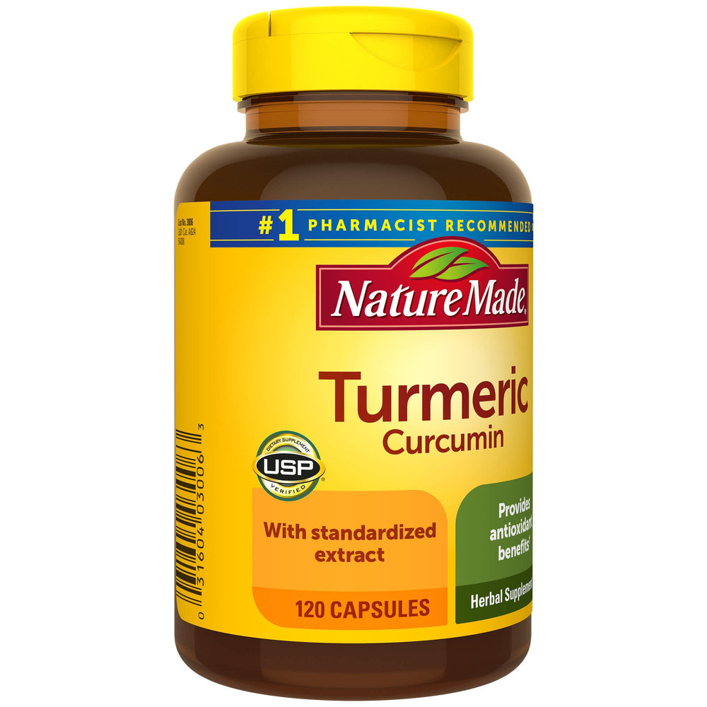 Frasco Nature Made Turmeric sobre fondo natural destacando su aspecto de suplemento diario