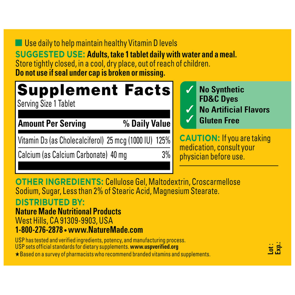 Nature Made etiqueta nutricional enfocada en 1000 IU (25 mcg) D3