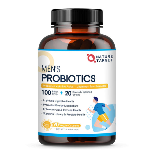 Nature Target Probiotics for Men bottle front with 90 veggie capsules for daily gut support.