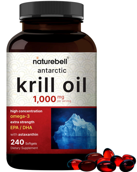 NatureBell Krill Antártico 1000 mg, cápsulas blandas en botella, fuente de omega-3 para la salud diaria