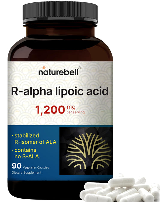 NatureBell ácido alfa-lipoico R (R-ALA) frasco frontal, apoyo antioxidante diario