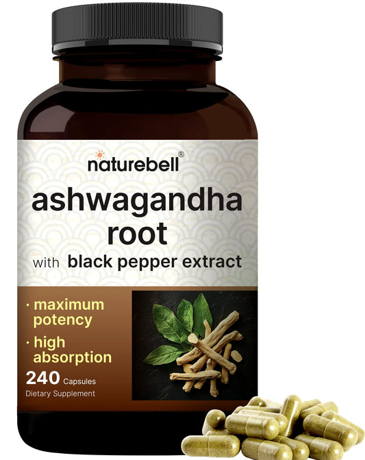 NatureBell Ashwagandha con pimienta negra: cápsulas en frasco para equilibrio diario