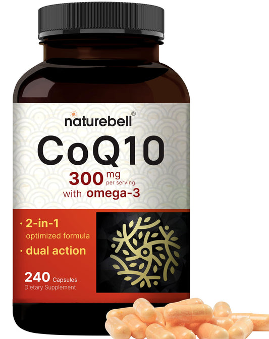 NatureBell CoQ10 300 mg frasco con cápsulas para energía diaria.