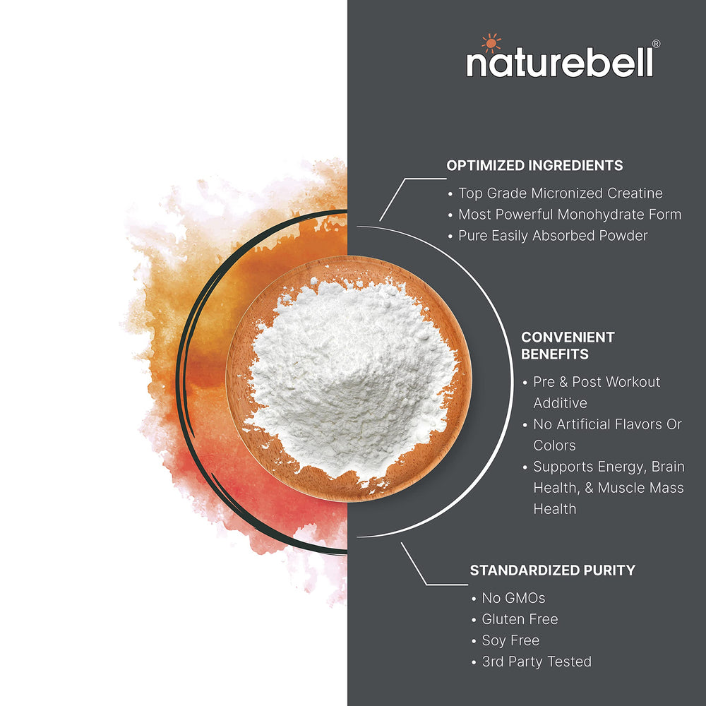 NatureBell creatina monohidrato apta para keto y vegano, sin rellenos.