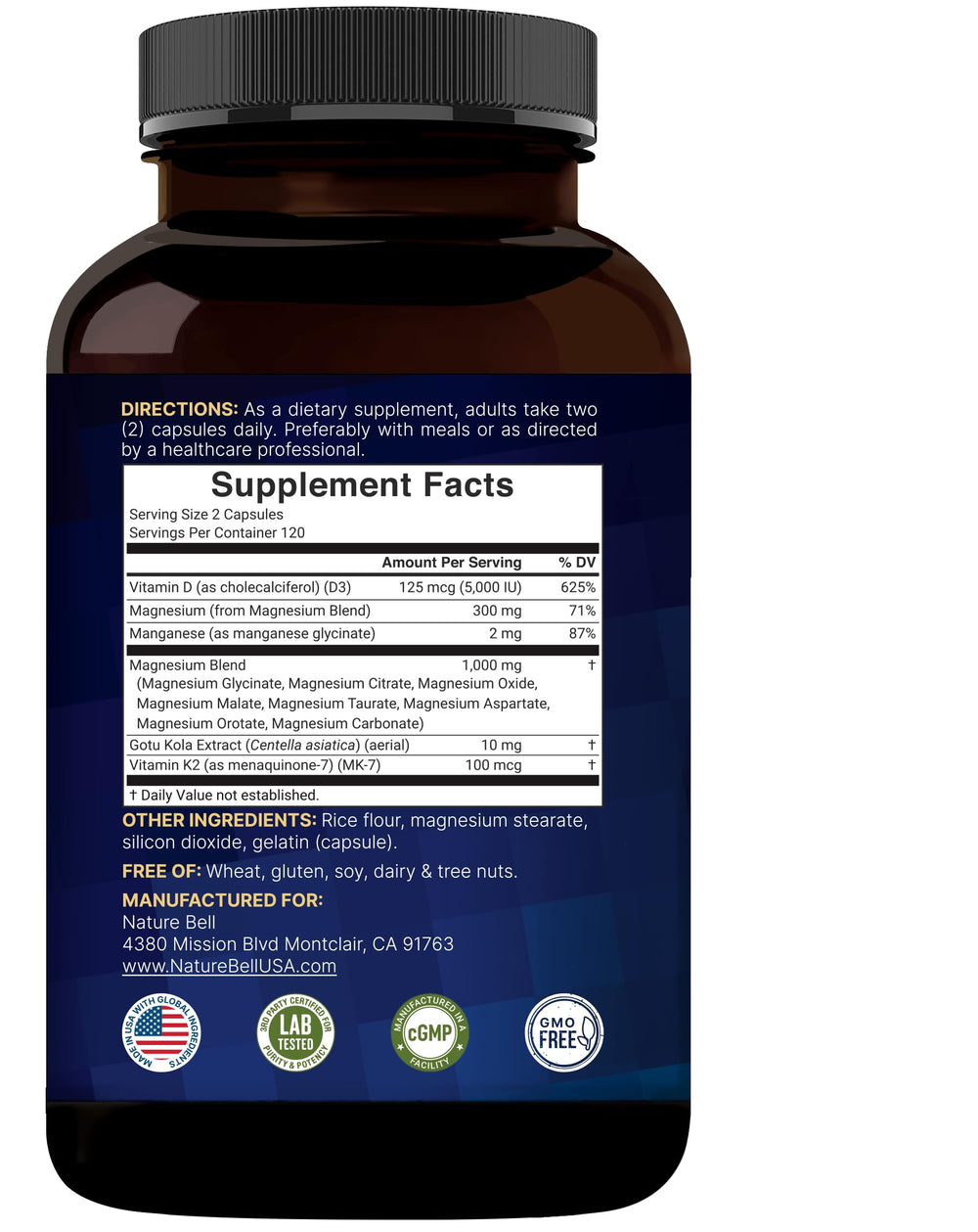 NatureBell etiqueta de ingredientes resaltando vitaminas y magnesio
