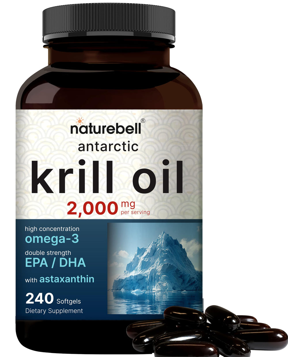 NatureBell frasco frontal de krill antártico mostrando etiqueta y beneficio de omega‑3