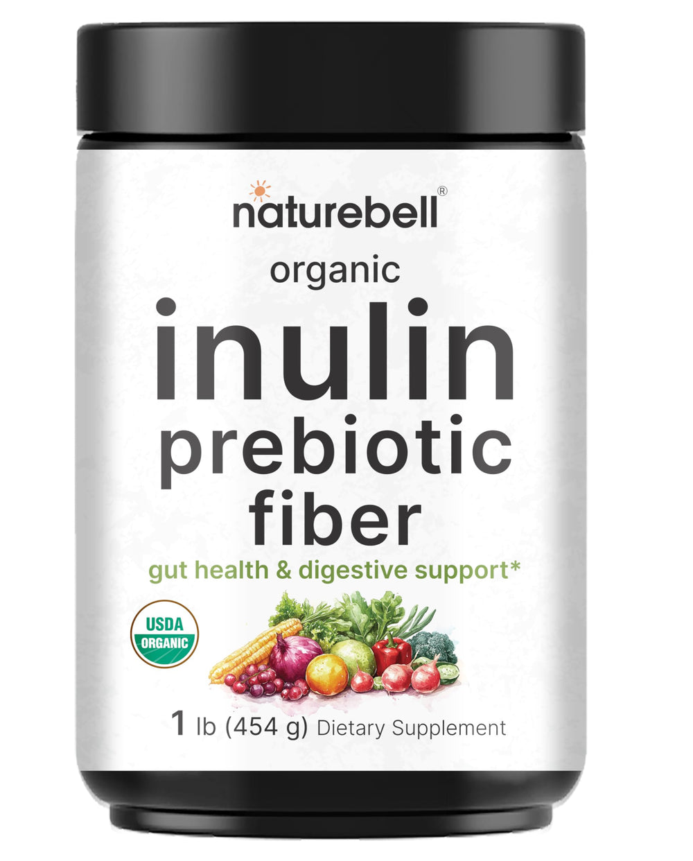 NatureBell inulina orgánica polvo 1lb, fuente prebiótica para bienestar digestivo diario.