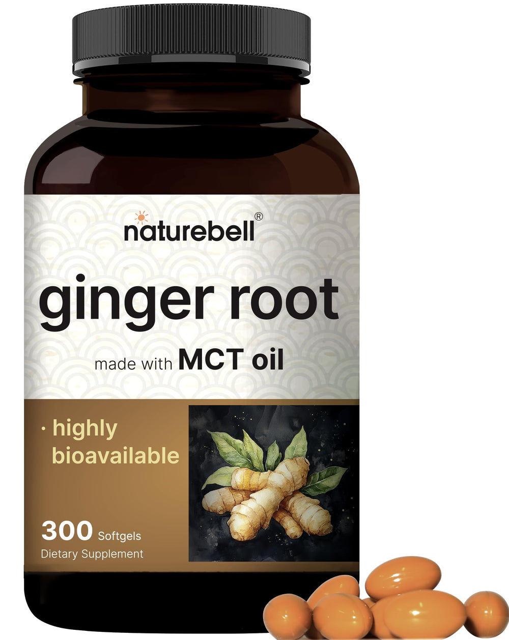 NatureBell jengibre con aceite MCT: cápsulas en botella para digestión diaria.