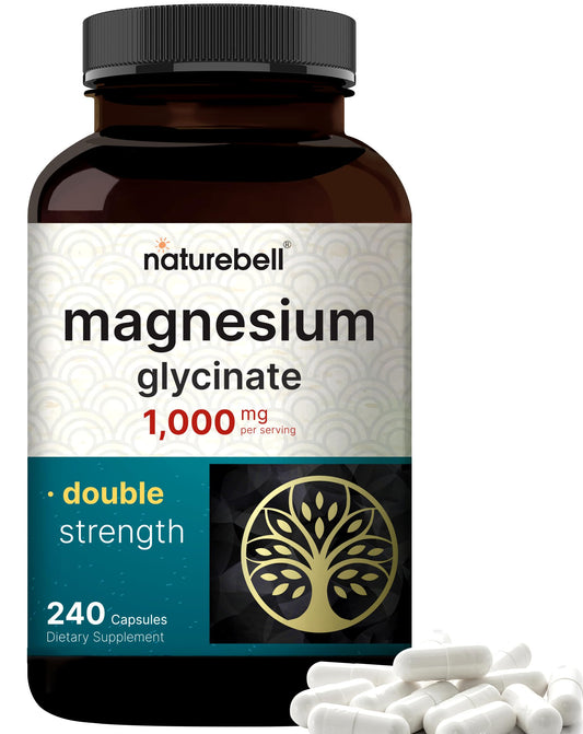 NatureBell Magnesio Glicinato 1000 mg, botella y cápsulas para sueño y relajación.