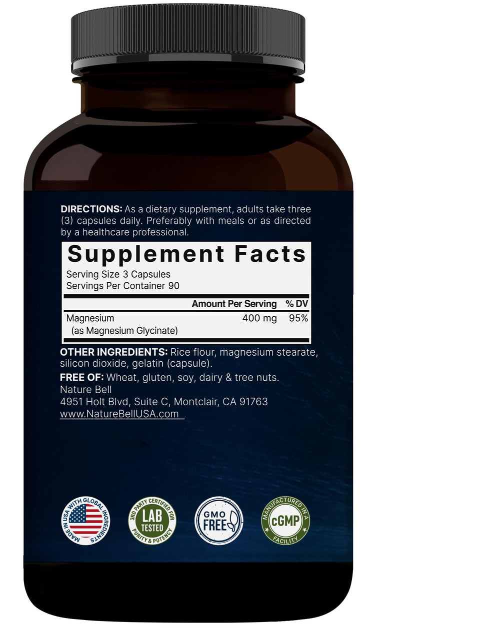 NatureBell magnesio glicinato 400 mg, sin gluten para dietas específicas