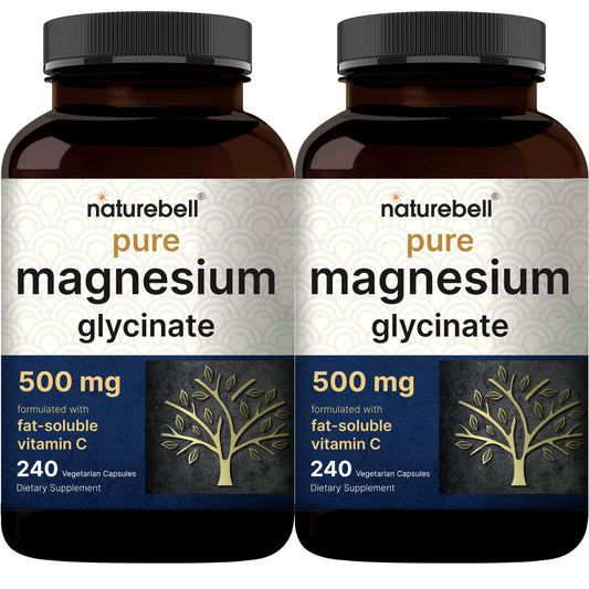 NatureBell Magnesio Glicinato 500mg, cápsulas vegetales, alta absorción para uso diario.