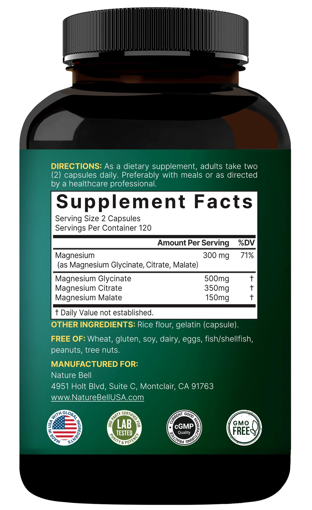NatureBell Magnesium Complex 1000mg dosis por porción: 500/350/150 mg descrita.