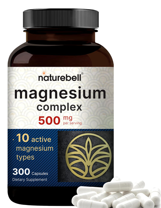 NatureBell Magnesium Complex 500 mg – botella con cápsulas para energía y músculos.
