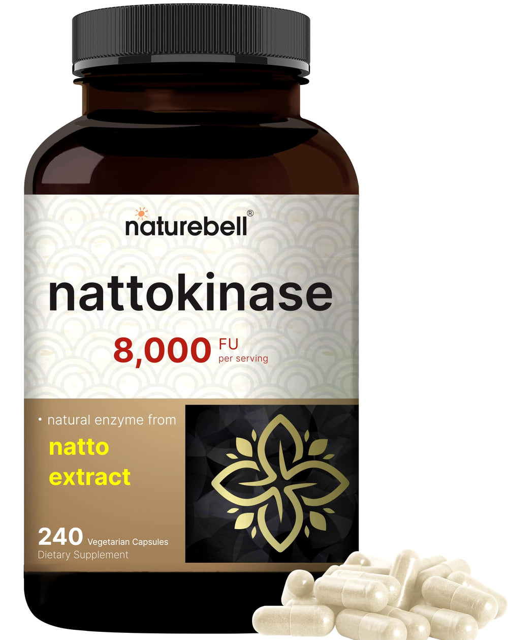 NatureBell Nattokinase: bote de cápsulas, alta potencia (8000 FU), posible apoyo al bienestar cardiovascular.