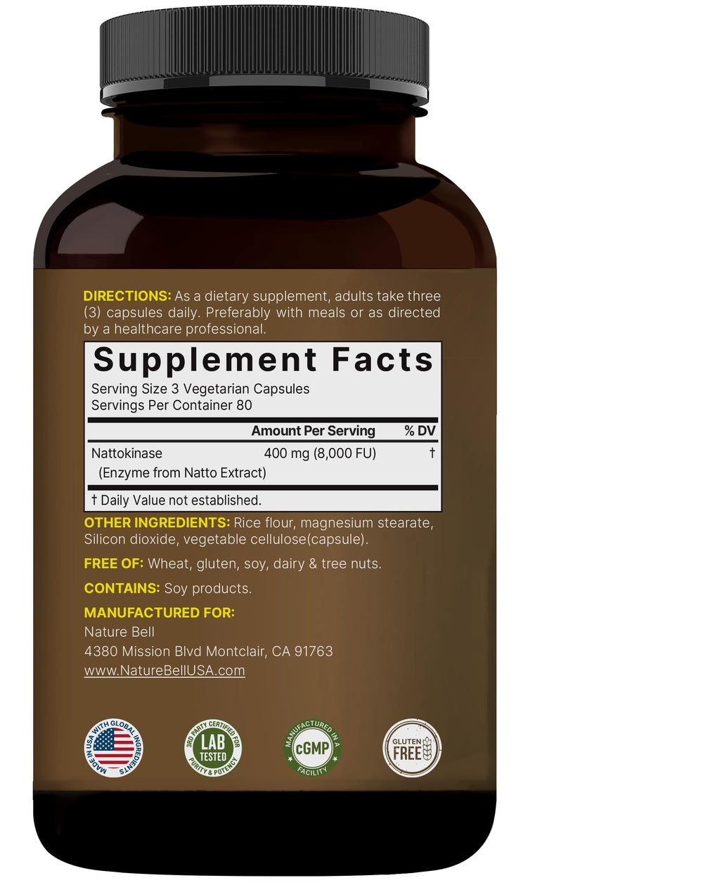 NatureBell Nattokinase - etiqueta libre de alérgenos: sin lácteos, gluten ni pescado.