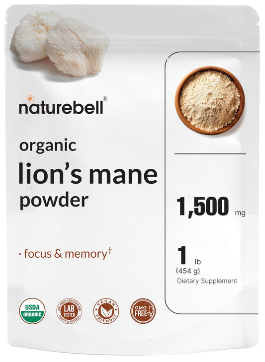 NatureBell Polvo Melena de León Orgánico 1500 mg por porción para enfoque potencial