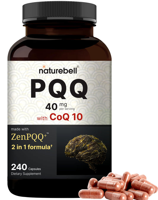 NatureBell PQQ CoQ10 en botella, suplemento diario para energía sostenida y enfoque.