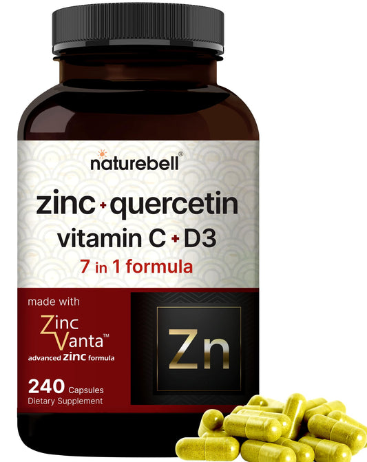 NatureBell Zinc Quercetin en botella, cápsulas para apoyo inmune diario.