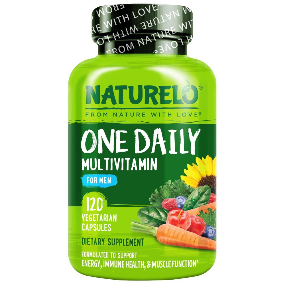 NATURELO frasco frontal del multivitamínico para hombres, presentación clara y beneficios diarios