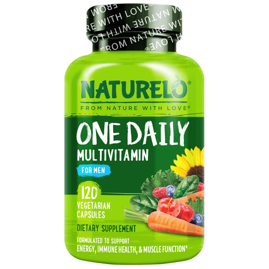 NATURELO frasco frontal del multivitamínico para hombres, presentación clara y beneficios diarios