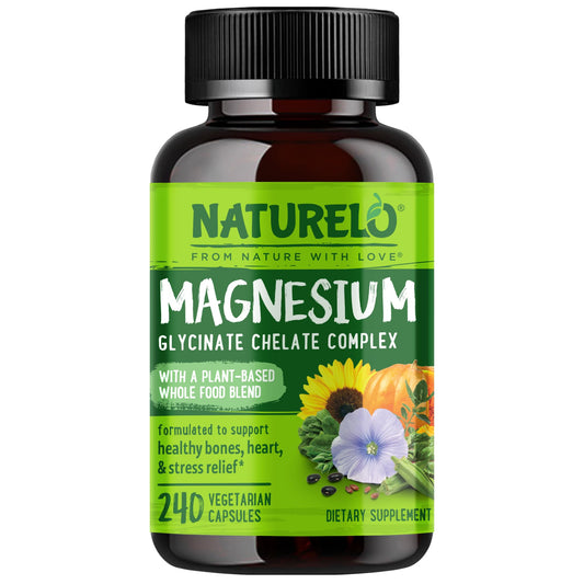 NATURELO envase frontal mostrando magnesio glicinato y beneficios